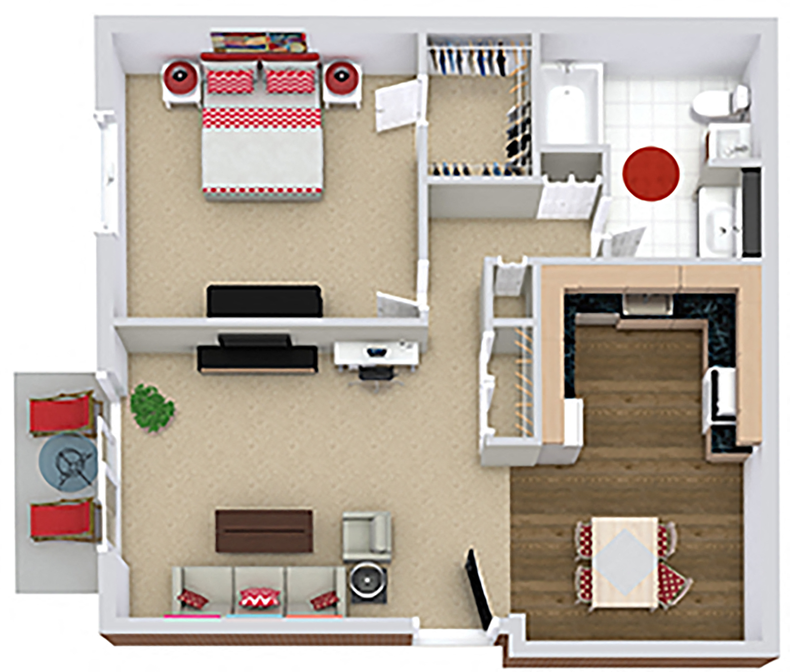 Floor plan for 1 bed, 1 bath, 755 sqft